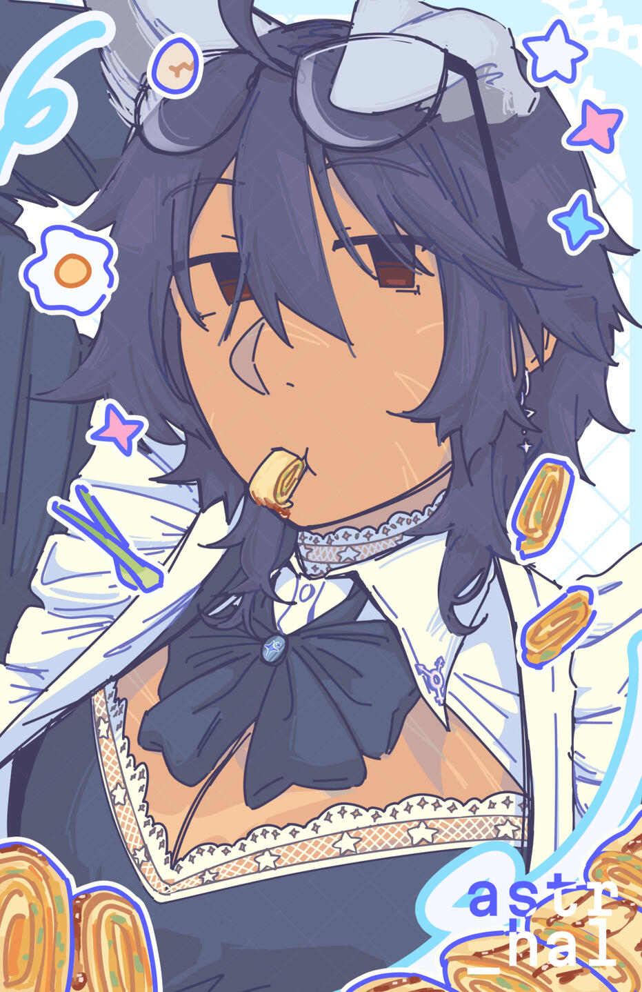 a character in a maid outfit eating dan bing.