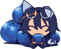 a character sitting next to a pile of large blueberries.